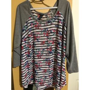 Floral Color-Blocked Striped 3/4 Sleeve Shirt